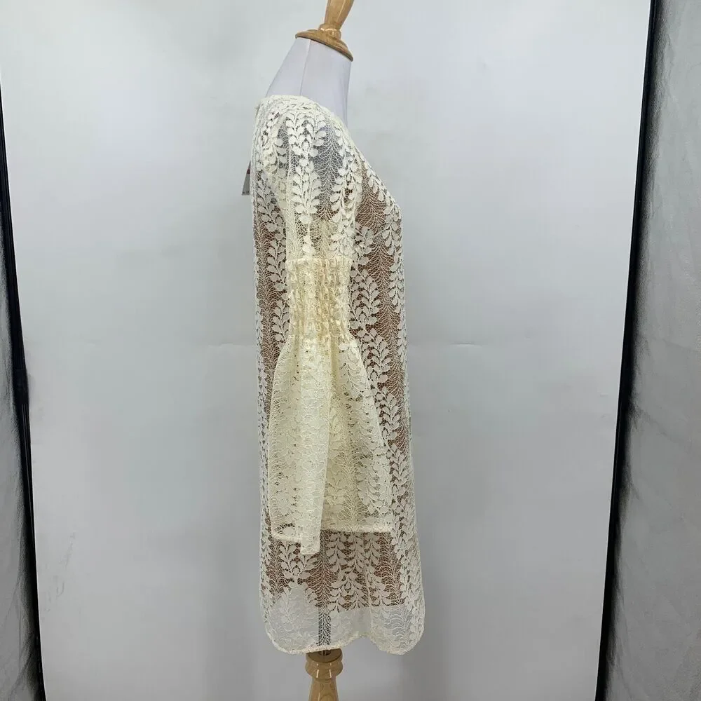 Michael Kors Dress Women Extra Small Ivory Sheer Lace Overlay Bell Sleeves Lined